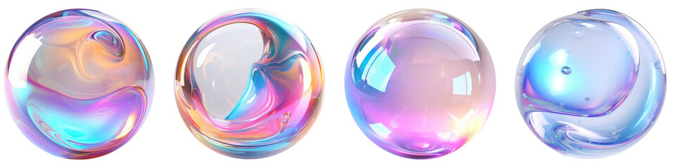 Holographic liquid 3d render bubble isolated on transparent background, PNG, Set of
