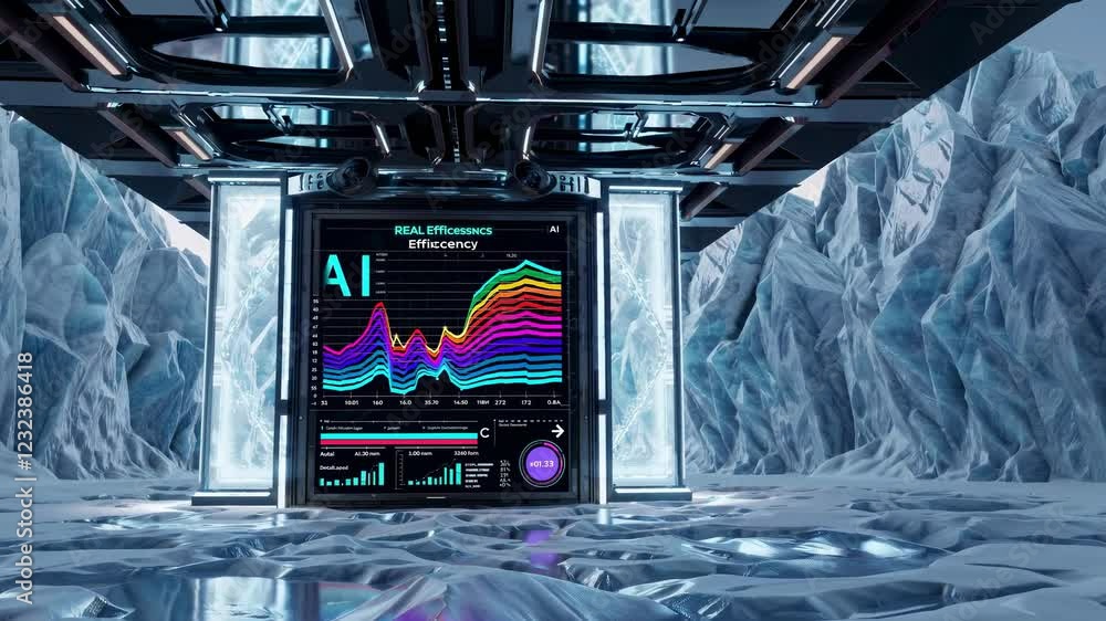 Aufkleber discovering a futuristic data center with holographic displays in a high-tech icy landscape
