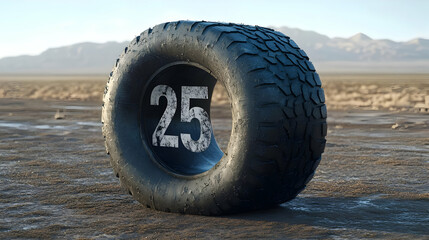 A Close-Up of a Large, Off-Road Tire Lies on the Desert Ground with Number 25 Marked on It.