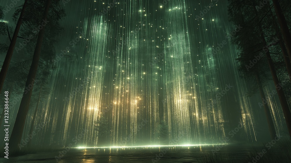 Poster conceptual visualization of soft glowing particles representing green noise dispersing through a tra