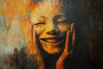 Fototapeta premium Abstract painting of a smiling face with hands.