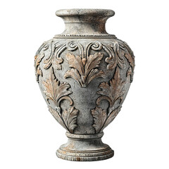 Decayed stone urn with intricate detailing visible from the front