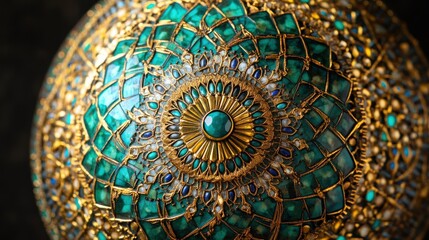 Ornate Golden Sphere Adorned With Teal Gemstones
