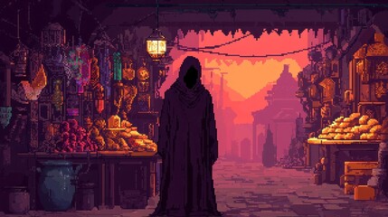 Shadowy Bazaar of Forbidden Artifacts, a pixel art scene showcasing a mysterious market filled with intriguing merchants and captivating, perilous treasures awaiting discovery.