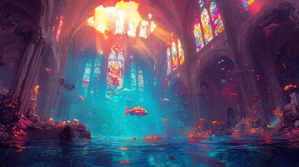 Submerged Cathedral in Stained Glass Light, an underwater scene where vibrant colors dance through stained glass windows, illuminating the water with ethereal beauty.
