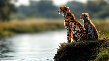Cheetah mother and cub sit by riverbank watchfully observing their surroundings.