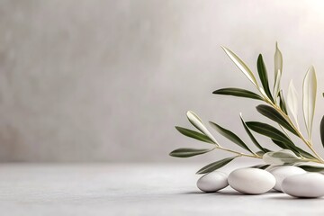 Olive branch with white stones on gray background. Zen spa wellness banner with copy space