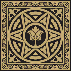 Vector gold and black square classic byzantine ornament. Rectangle, border, Ancient Greece, Eastern Roman Empire frame. Decoration of the Russian Orthodox Church