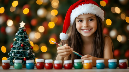 Smiling Child Paints with Christmas Ornaments and Festive Lights in the Background