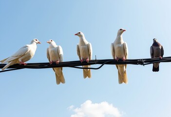 White doves on electric cables, one grey pigeon at right, aerial view of birds, urban setting, sky backdrop, electrical wire scenery, natural animal behavior, peaceful nature, bird watching, outdoor s