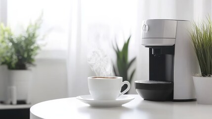 A coffee machine and a steaming cup of coffee placed on a white dining table, ready for a relaxing break