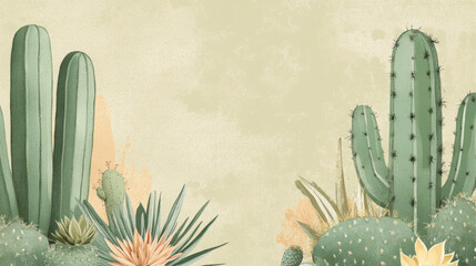 Variety of cacti on textured background.