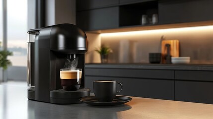 A coffee maker sitting on a modern kitchen table with a saucer and a cup of hot coffee ready to be enjoyed