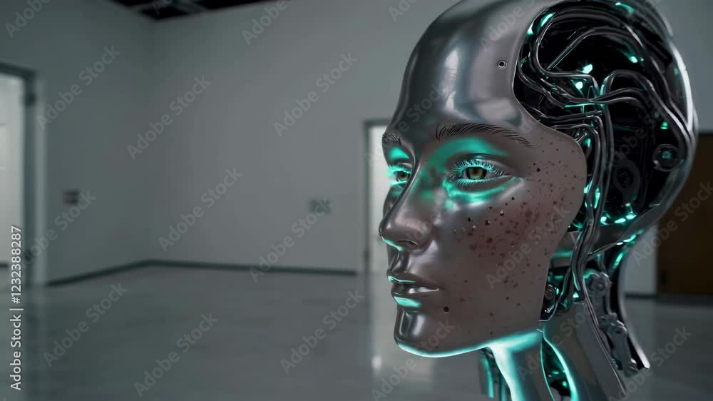 Fototapete exploring a futuristic robotic head with holographic features in an art gallery setting