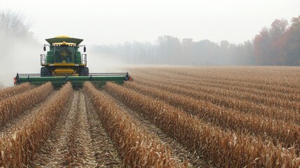Obraz premium A combine harvester collecting rows of corn under a bright, overcast sky.