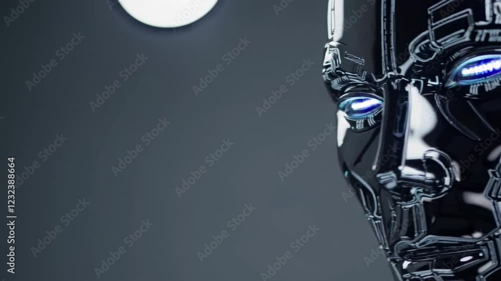 Poster Exploring a futuristic robotic head design with holographic features and advanced technology elements