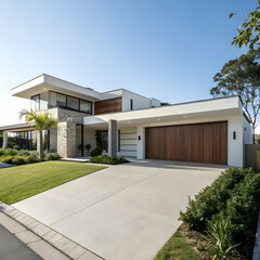 modern luxury house with garage blue sky above