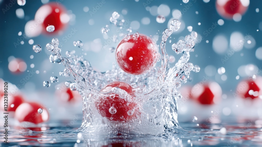 Poster a playful and energetic image showcasing red balls splashing in water, creating a mesmerizing displa