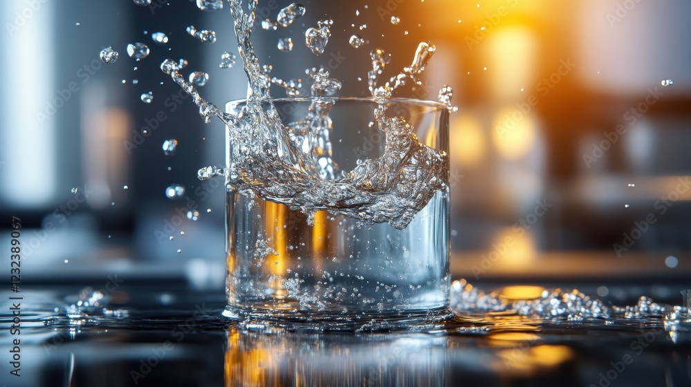 Poster an exhilarating image capturing the moment of splashing water in a glass, emphasizing motion and the