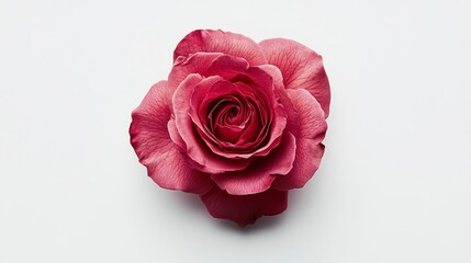 Fototapeta premium Single dark pink rose with water droplets on petals, isolated on white background. Soft lighting enhances the delicate details of the bloom. Close up