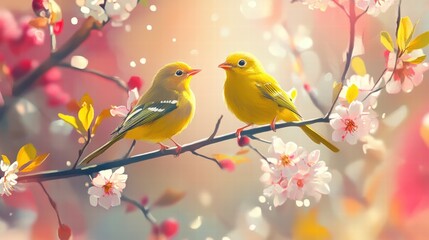 Obraz premium Two vibrant yellow birds on a branch amidst blossoms