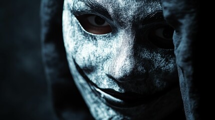 Obraz premium Masked face with eyes peering from dark.