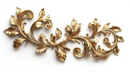 Intricate gold filigree swirl pattern resembling a growing vine with baroque-style scrollwork and leaf flourishes, set against a white background with dramatic lighting.