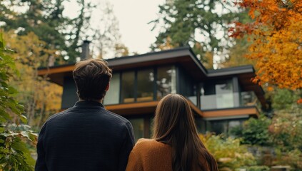 Fototapeta premium Couple Admiring Their New Dream Home in Autumn
