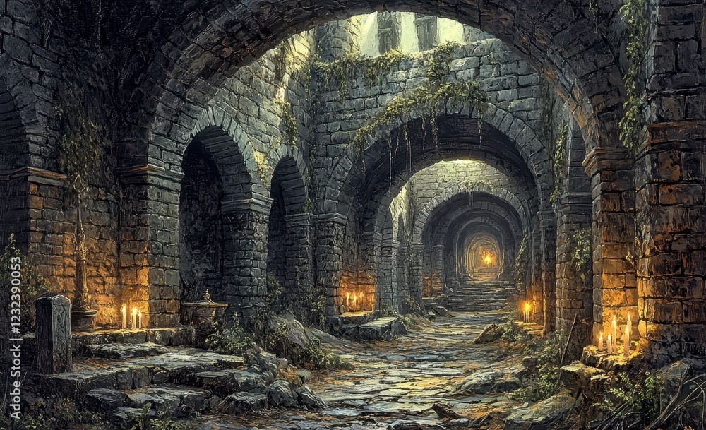Poster dark, atmospheric image of a stone corridor with arched doorways, lit by candlelight. overgrown with