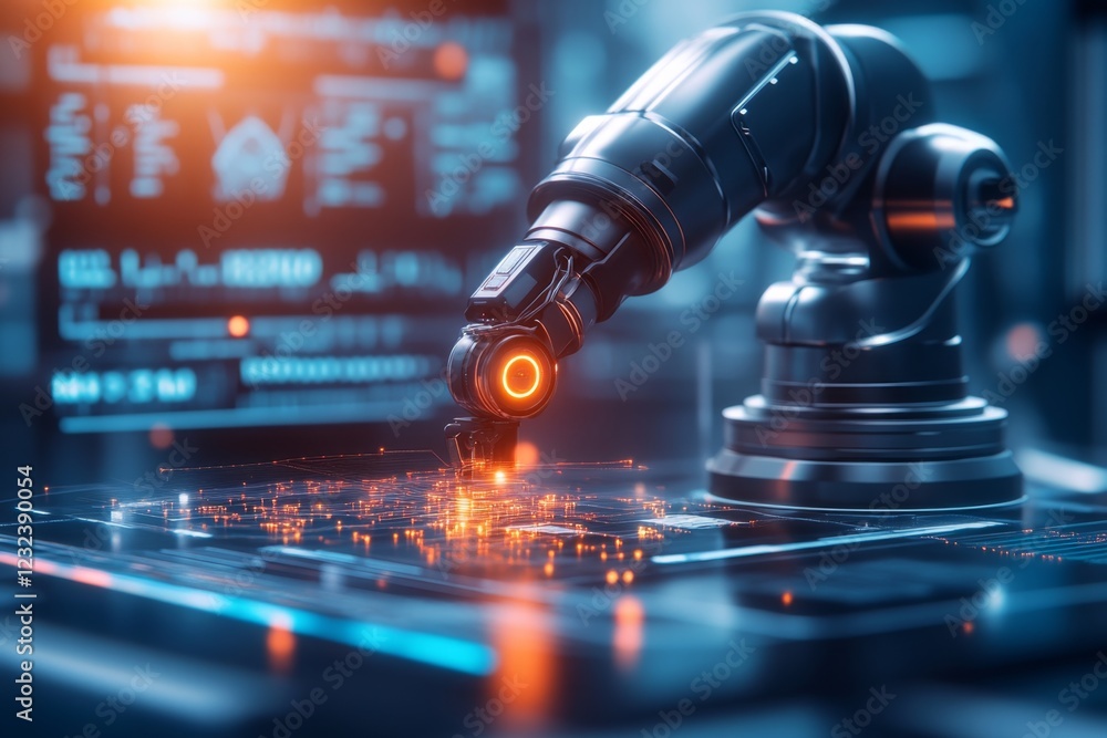 Poster A futuristic professional environment featuring a robotic assistant performing surgery with precision, surrounded by glowing holographic monitors displaying vital stats