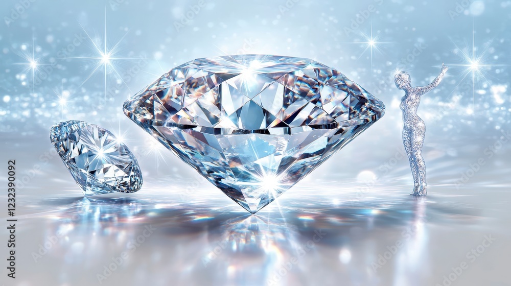 Poster sparkling diamonds on a light gray background with bokeh effect. a large diamond is the central focu