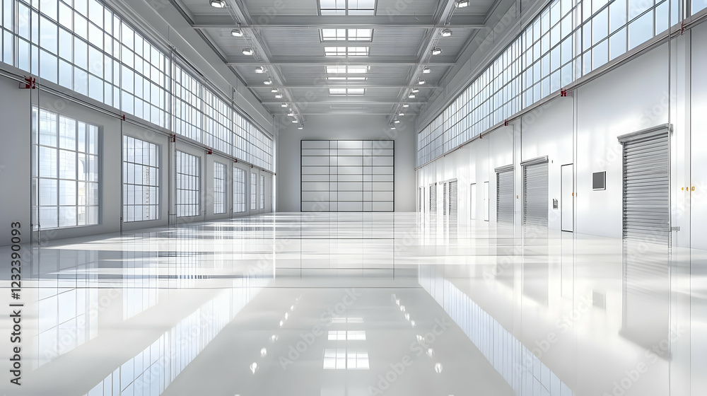 Poster empty warehouse interior with loading docks and large windows brightly lit.