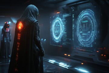 A futuristic scene of holographic avatars participating in a virtual conference, with glowing, transparent interfaces and interactive charts in mid-air