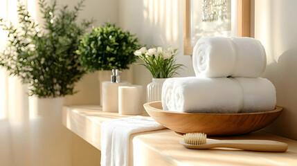 Fresh White Towels Folded Neatly in a Wooden Bowl on a Wooden Shelf with Bathroom Accessories and Plants