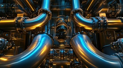 Fototapeta premium An array of industrial pipes and valves with polished metallic textures and depth