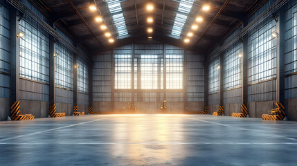Empty Warehouse Interior with Sunlight Shining through Large Windows, Concrete Floor, Metal Roof