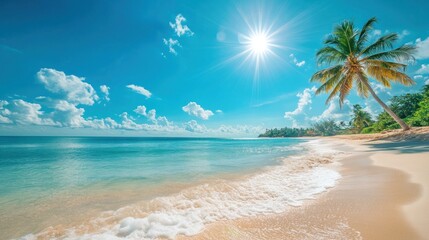 Idyllic tropical beach scene with palm trees, turquoise water, and bright sunshine.