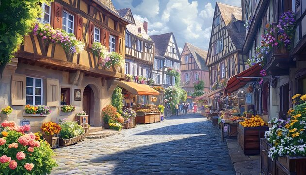 A charming flower filled European village street scene