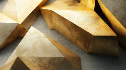 A visually compelling abstract scene with gold-toned angular surfaces intersecting at various depths