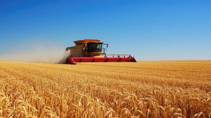 Fototapeta premium A field of wheat being harvested by a combine harvester under the bright blue sky.