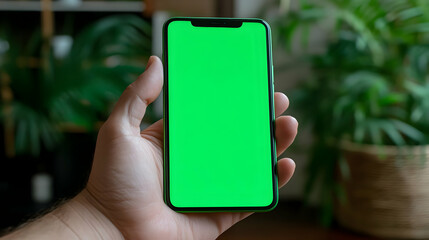 Hand Holds Green Screen Smartphone with Blurred Plants Background for Mockup or Design