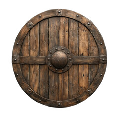 A medieval roundwooden shield positioned centrally