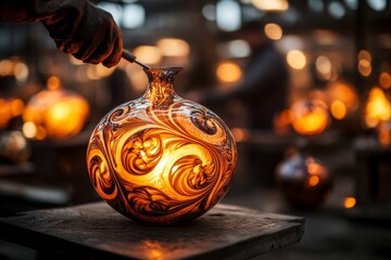 A glassblower shaping molten glass into a stunning vase, with glowing heat and swirling patterns
