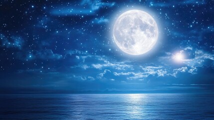 A glowing moonlit sky with pixelated stars twinkling and floating on a calming blue background.