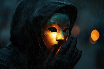 Obraz premium Rain-soaked figure, masked, glowing, mysterious, night.