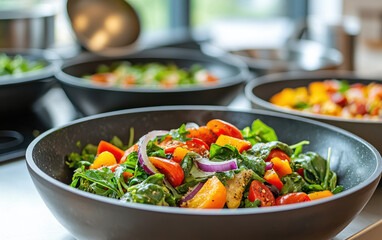 Freshly prepared plant based salad with vibrant vegetables in modern kitchen setting