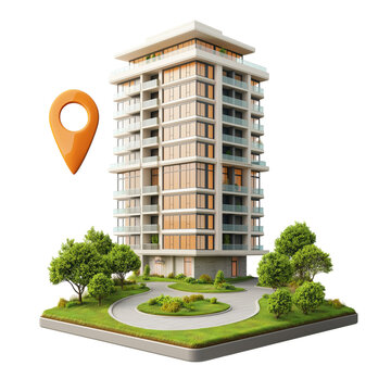 A modern apartment building with a map pin on a small floating island of grass and pavement seen from the front
