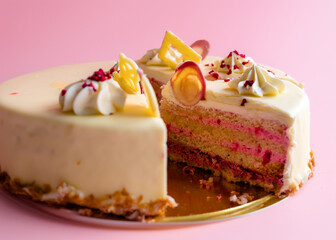 Delicious pink layered cake placed on a decorative plate showcasing a tempting dessert creation