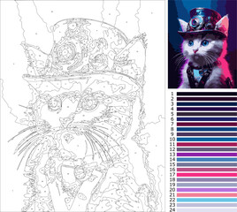 Futuristic kitten with Goggles - Paint by Numbers Illustration - Mechanical Steampunk kitten - Detailed Coloring Template