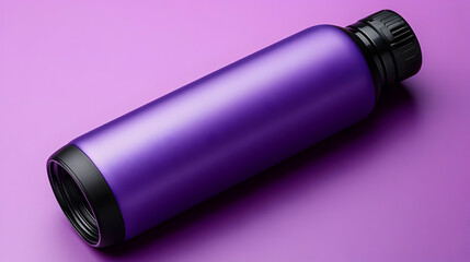 Purple Metallic Water Bottle Lies on a Purple Background, an Illustration
